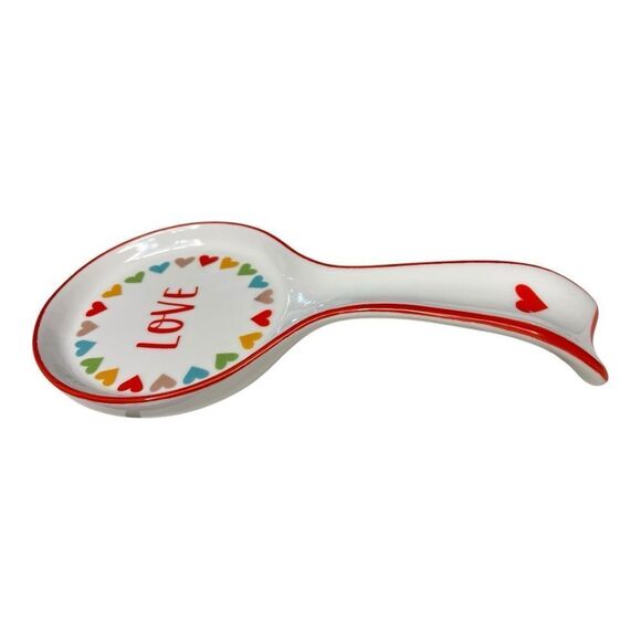 Spoon Rest "LOVE" White with Multicolor Rainbow Hearts, Ceramic - Picture 3 of 7